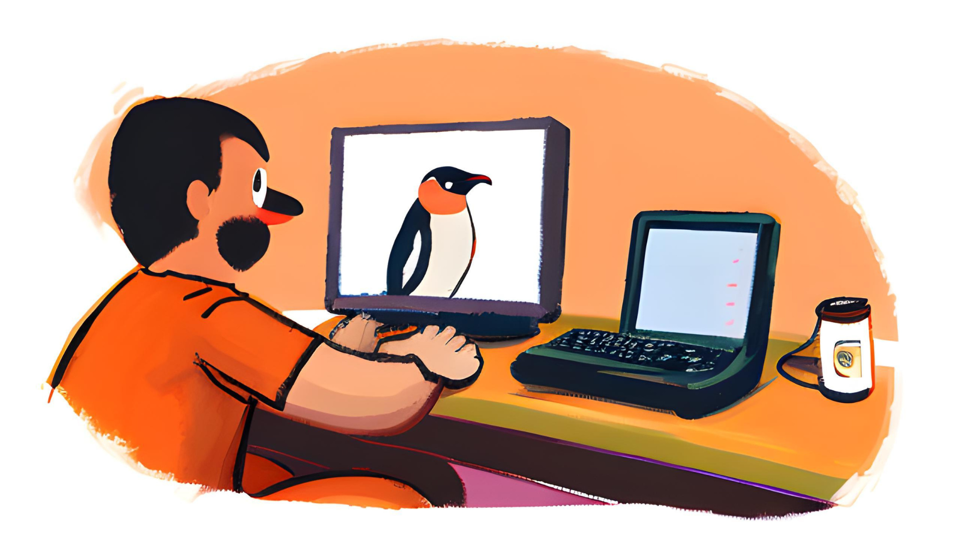 An illustration of a bearded man with a computer monitor in front of him with the image of a penguin