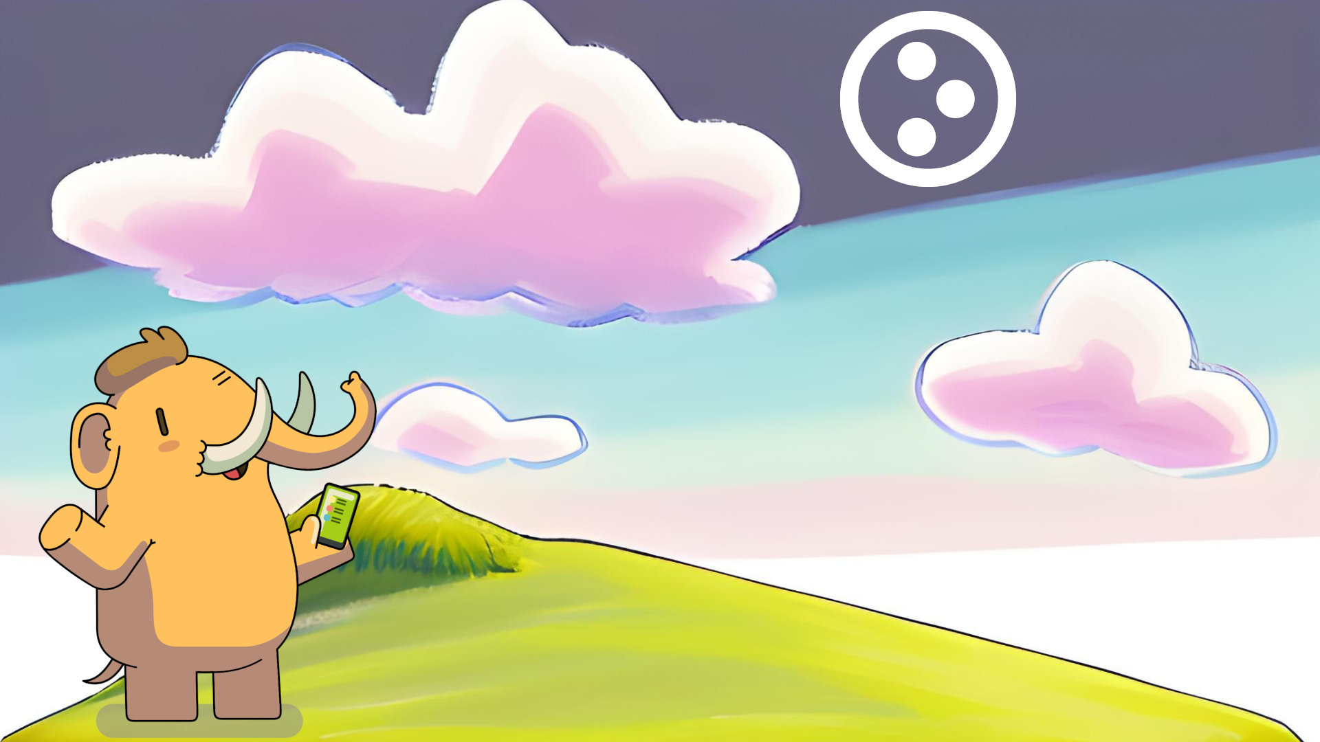 A drawing with the mascot of Mastodon on a hill, with the Plone logo, as the Sun, on the sky